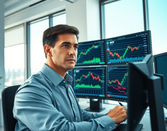 Financial analyst examining DXY forex charts for USD haven bid analysis in trading environment