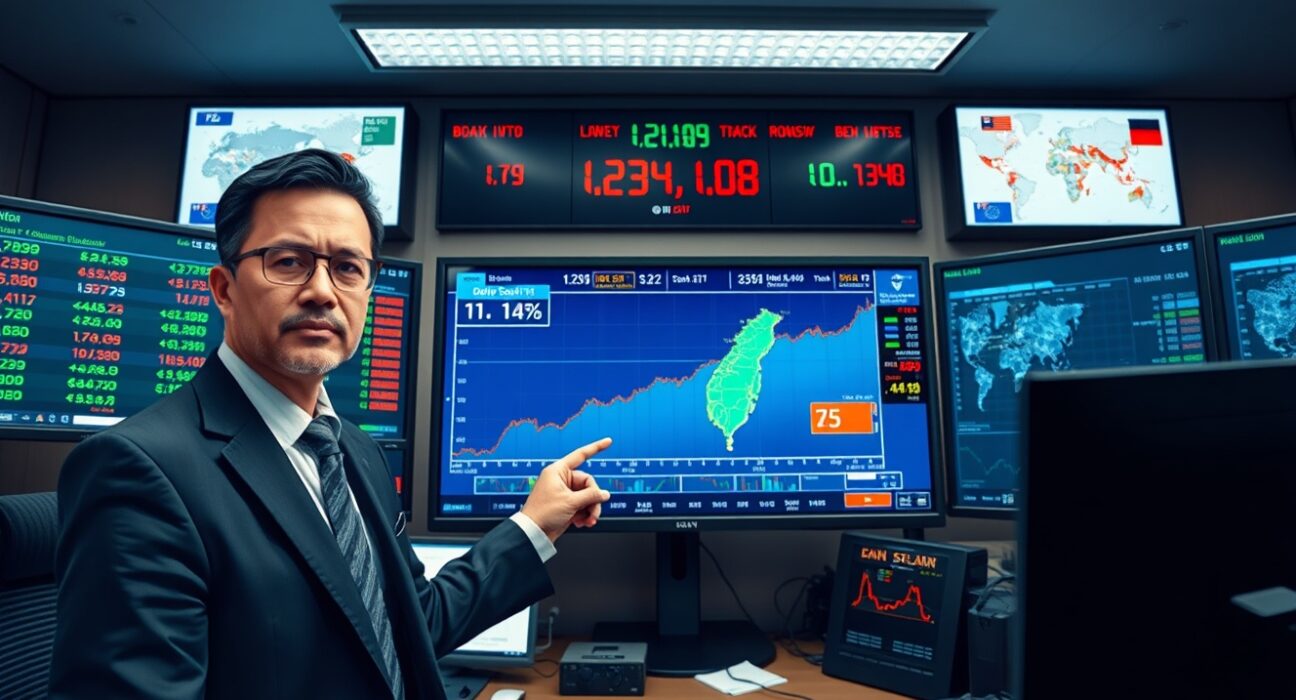 Financial analyst monitoring USD strength amid Taiwan Strait geopolitical tensions on trading desk displays.