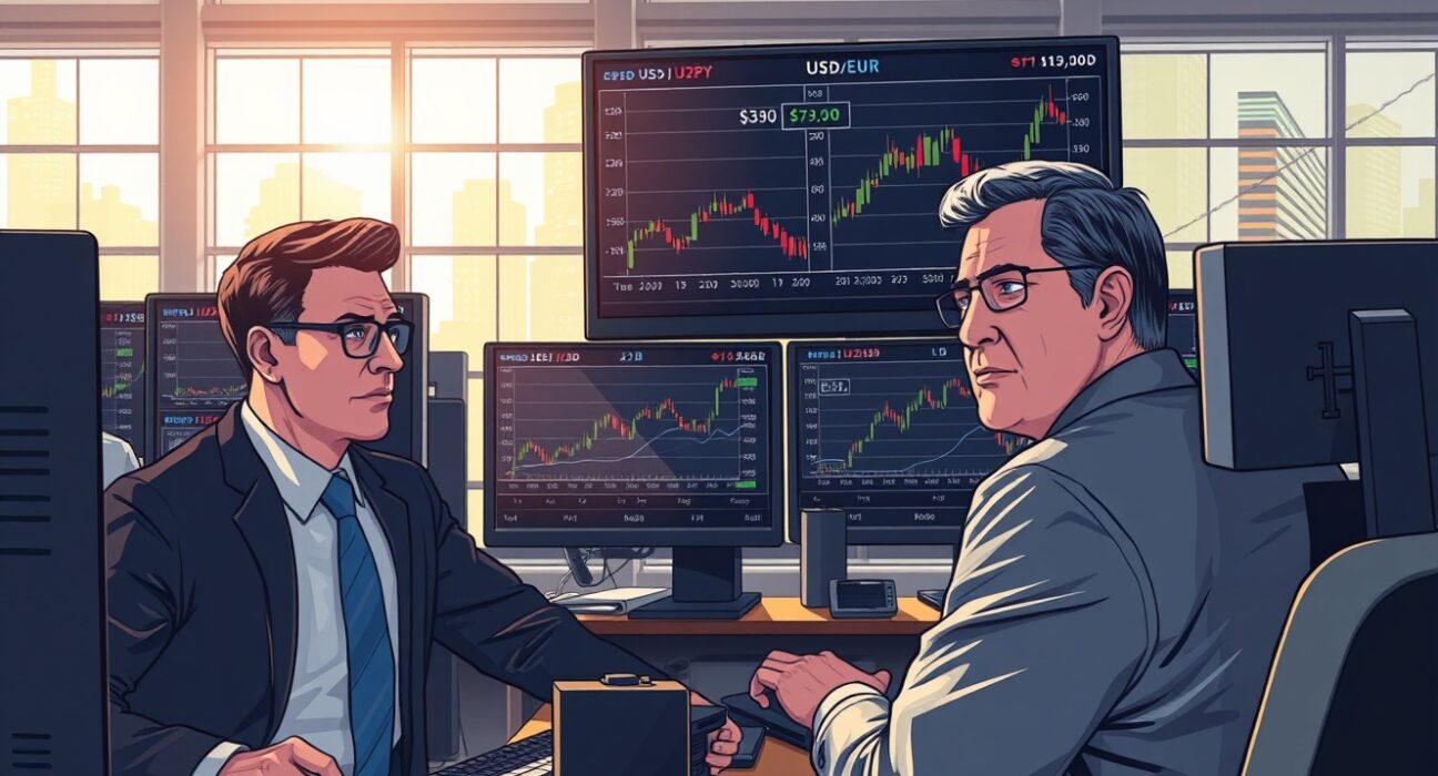 Financial traders monitoring USD currency charts amid geopolitical uncertainty affecting global markets.