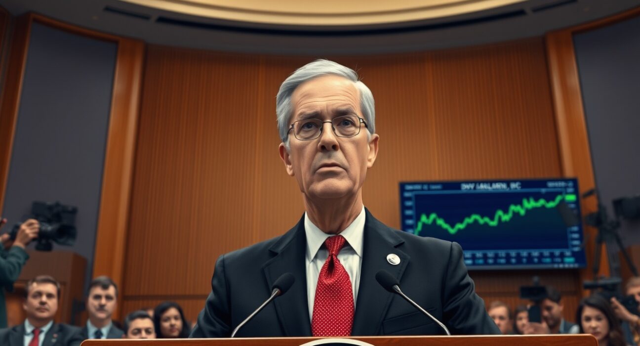 Federal Reserve Chair Jerome Powell signals hawkish risks for USD at a press conference, with a rising dollar chart in the background.