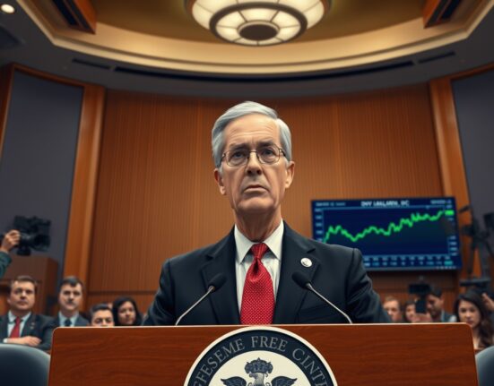 Federal Reserve Chair Jerome Powell signals hawkish risks for USD at a press conference, with a rising dollar chart in the background.