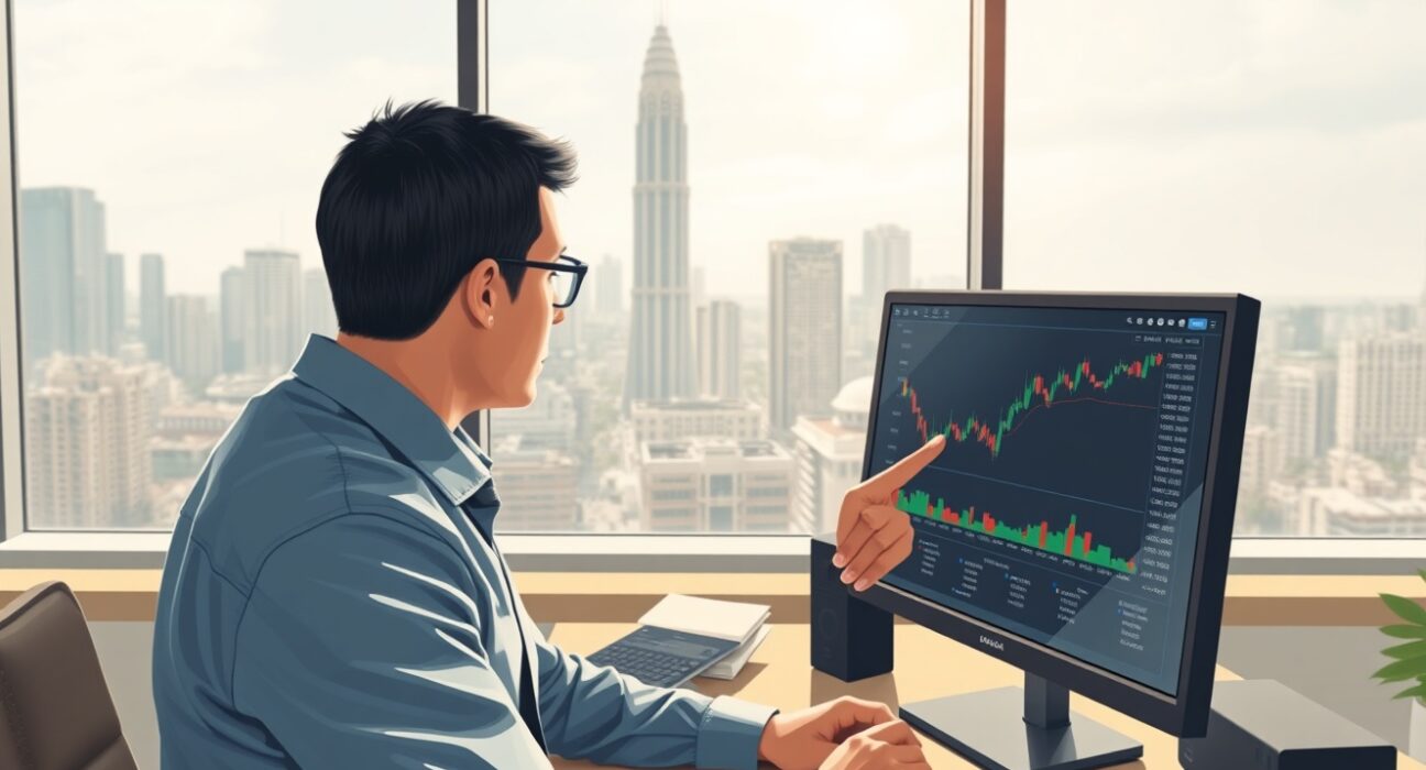 Financial analyst examining USD/IDR exchange rate charts with Bank Indonesia building visible, showing currency pressure analysis.