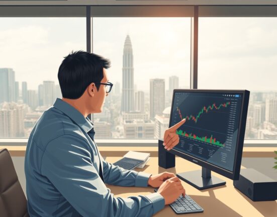 Financial analyst examining USD/IDR exchange rate charts with Bank Indonesia building visible, showing currency pressure analysis.