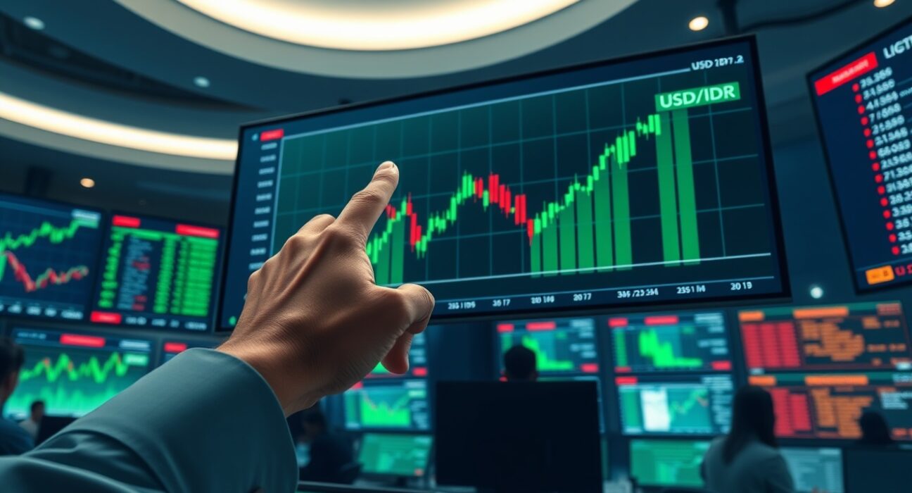 USD/IDR exchange rate chart showing upward trend on trading floor screen, highlighting fiscal risk concerns in Indonesia