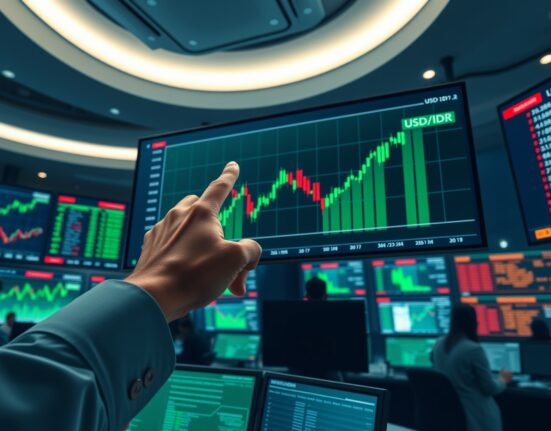 USD/IDR exchange rate chart showing upward trend on trading floor screen, highlighting fiscal risk concerns in Indonesia