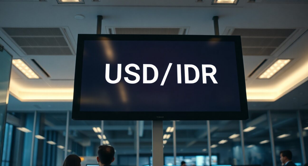 Digital currency exchange board showing USD/IDR rate with overbought indicator in a Jakarta trading floor
