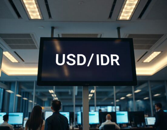 Digital currency exchange board showing USD/IDR rate with overbought indicator in a Jakarta trading floor