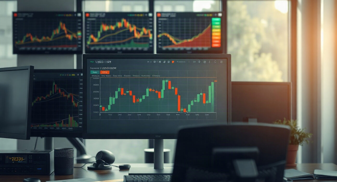 USD/IDR exchange rate chart on a trading monitor, showing a pullback from moving averages.