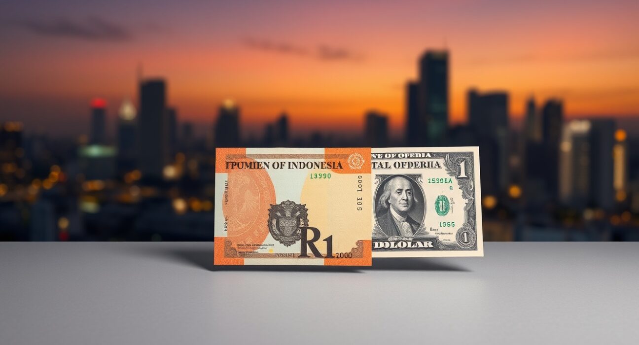 USD/IDR recovery potential after geopolitical de-escalation, with US dollar and Indonesian rupiah banknotes