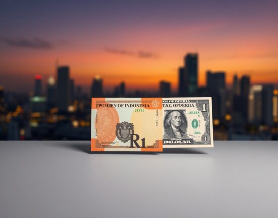 USD/IDR recovery potential after geopolitical de-escalation, with US dollar and Indonesian rupiah banknotes