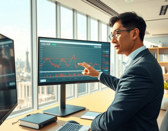 Financial analyst in Jakarta examines USD/IDR exchange rate chart showing stable rupiah valuations according to MUFG research.