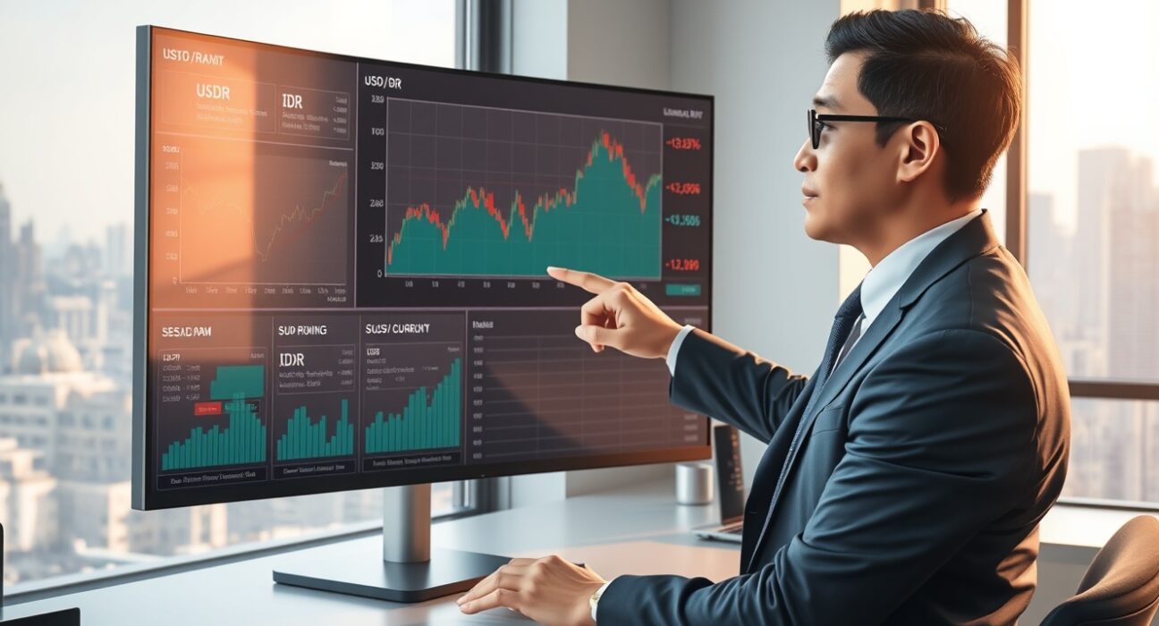 Financial analyst examines USD/IDR exchange rate charts in Jakarta office for Bank Indonesia currency stability analysis.