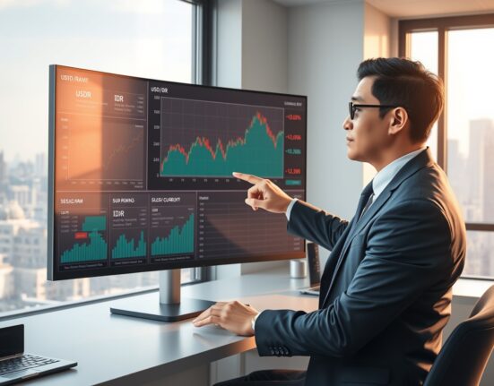 Financial analyst examines USD/IDR exchange rate charts in Jakarta office for Bank Indonesia currency stability analysis.