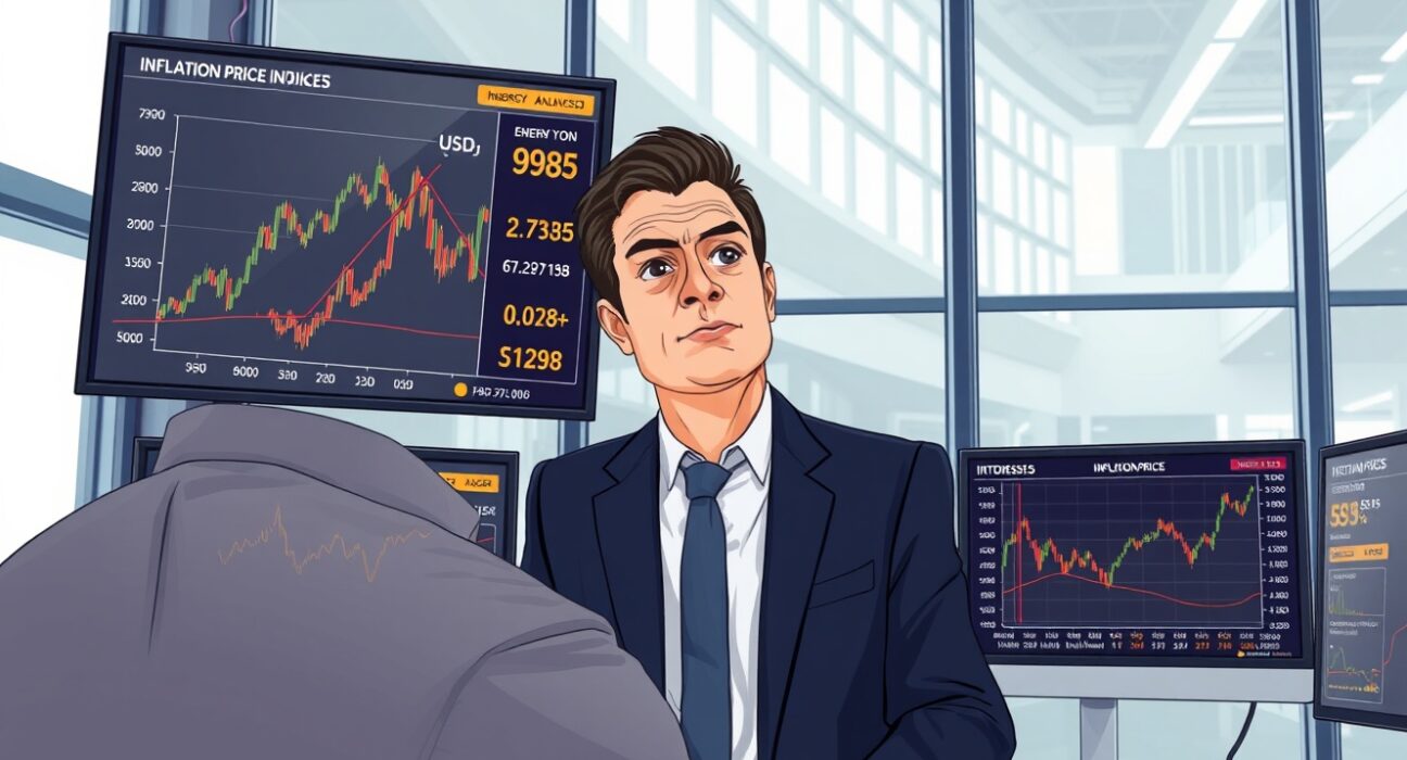 Financial analyst reviewing USD inflation data and energy price charts in Rabobank market analysis