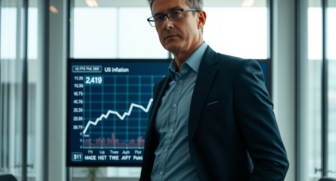 Financial analyst monitoring US inflation chart on digital display in modern office