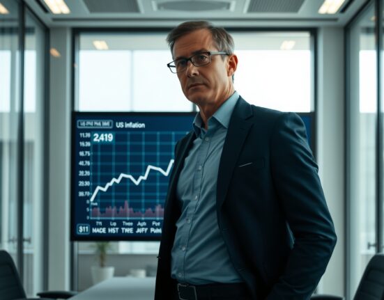 Financial analyst monitoring US inflation chart on digital display in modern office