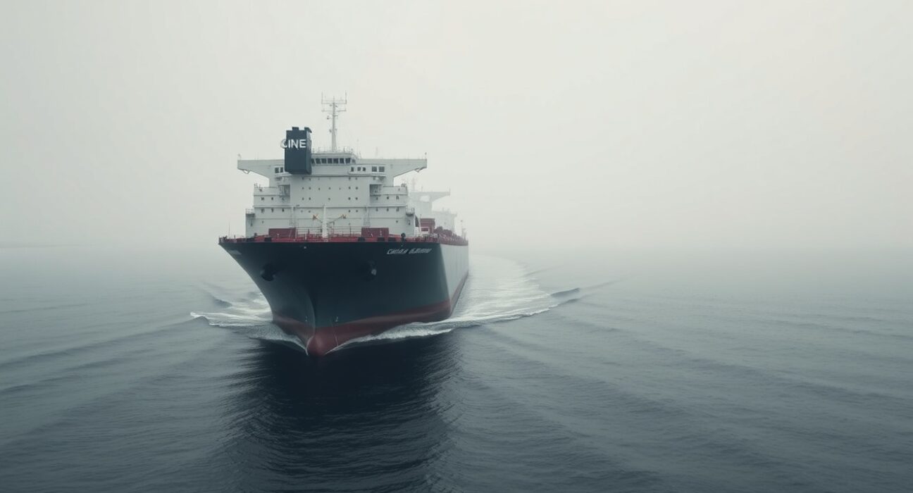 Oil tanker navigating the Strait of Hormuz, highlighting the USD inflation shock risk from a potential blockade, as analyzed by MUFG.