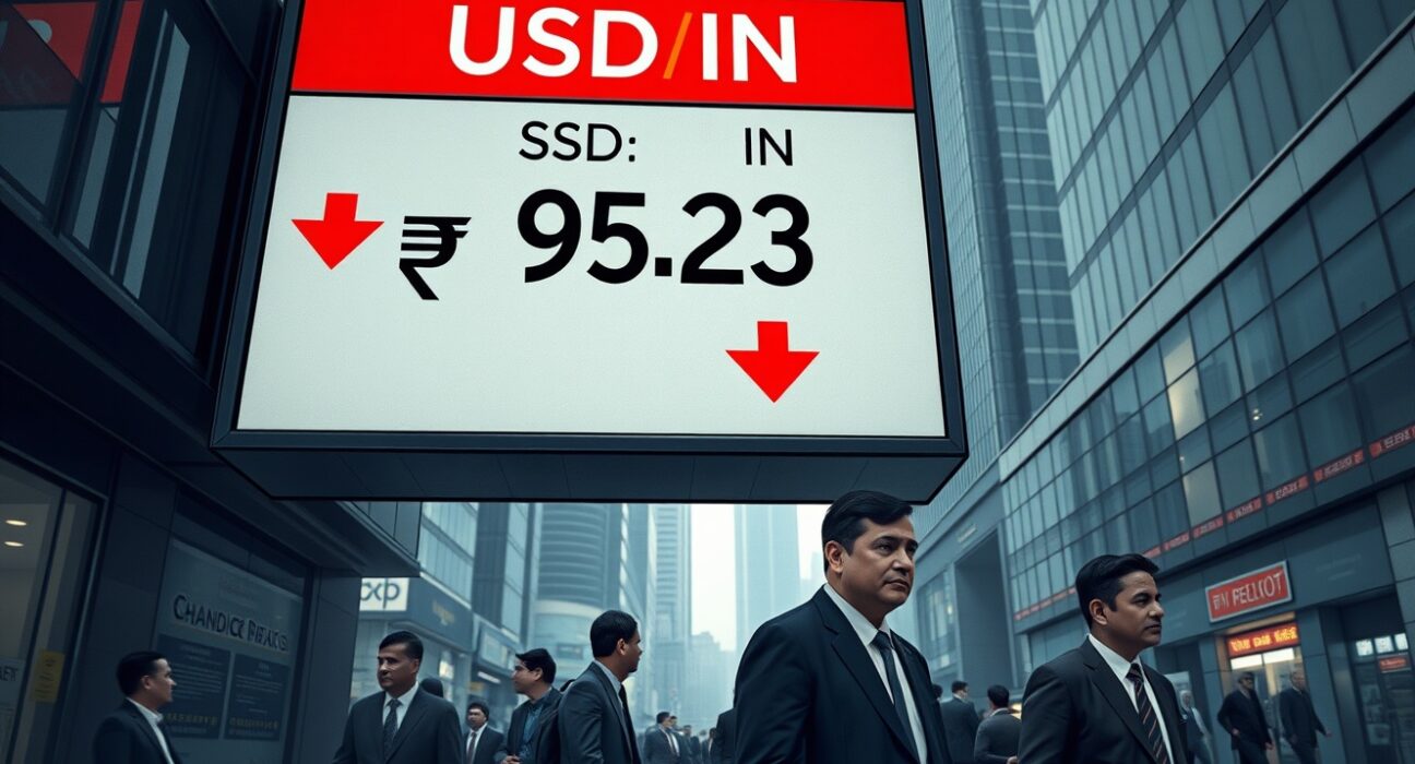 USD/INR exchange rate board at 95.23 in Mumbai financial district, illustrating Societe Generale's retest risk warning for the Indian rupee.