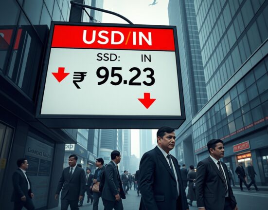 USD/INR exchange rate board at 95.23 in Mumbai financial district, illustrating Societe Generale's retest risk warning for the Indian rupee.