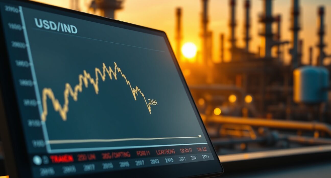 USD/INR currency chart approaching all-time high with oil refinery background, illustrating rupee pressure from rising crude prices