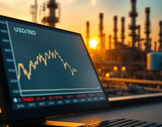 USD/INR currency chart approaching all-time high with oil refinery background, illustrating rupee pressure from rising crude prices