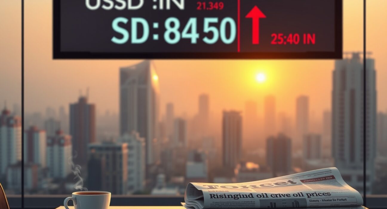 USD/INR exchange rate near all-time high on trading board as oil prices rise, signaling rupee depreciation pressure