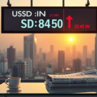 USD/INR exchange rate near all-time high on trading board as oil prices rise, signaling rupee depreciation pressure