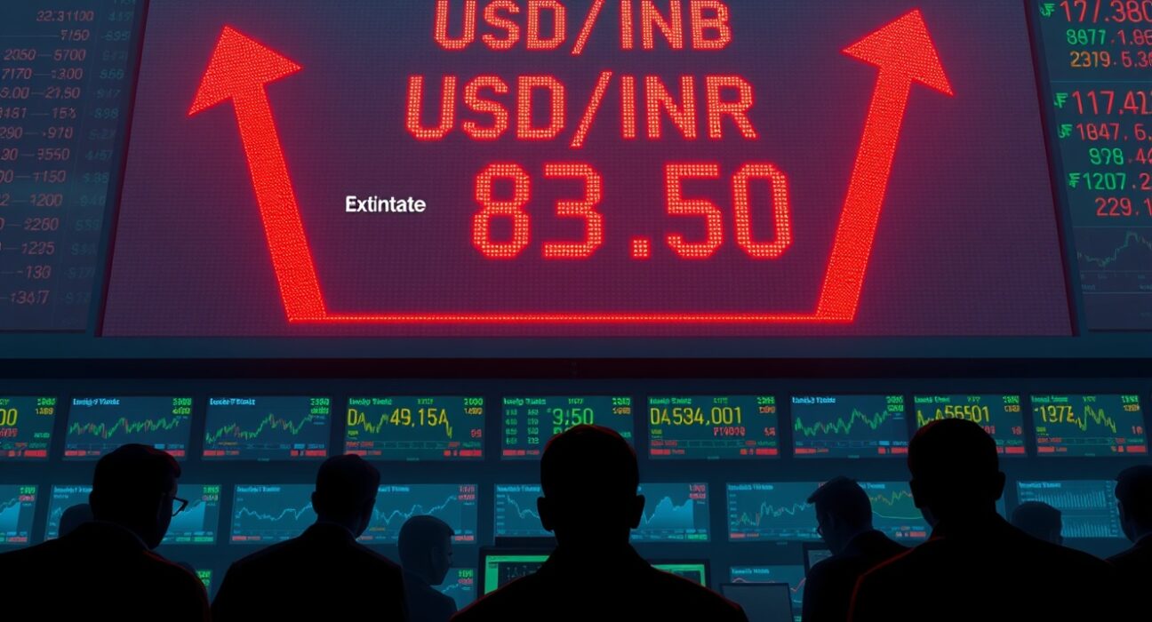USD/INR exchange rate approaching all-time high on a digital forex board amid oil price surge and FII selling