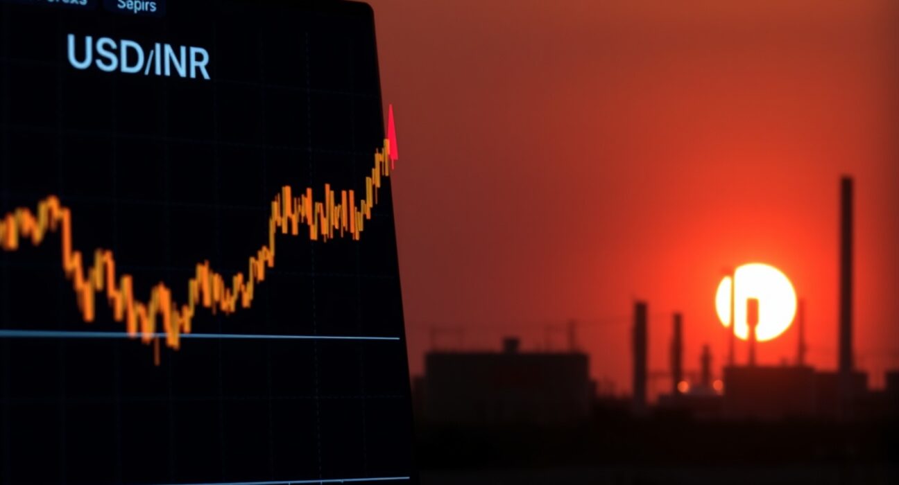 USD/INR chart approaching all-time highs amid elevated oil prices, reflecting pressure on the Indian rupee.