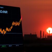 USD/INR chart approaching all-time highs amid elevated oil prices, reflecting pressure on the Indian rupee.