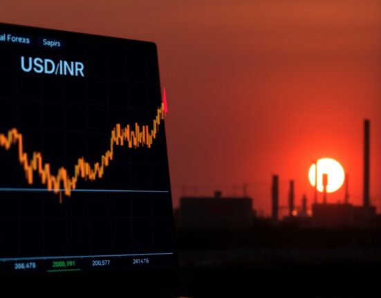 USD/INR chart approaching all-time highs amid elevated oil prices, reflecting pressure on the Indian rupee.