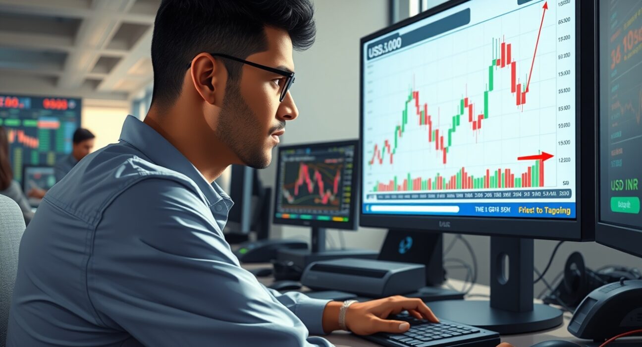 Trader in Mumbai analyzes USD/INR exchange rate breaking above 95.00 amid Middle East conflict-driven market volatility.