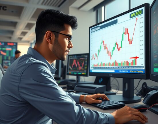 Forex trader in Mumbai analyzes USD/INR exchange rate breaking above 95.00 on trading screens.