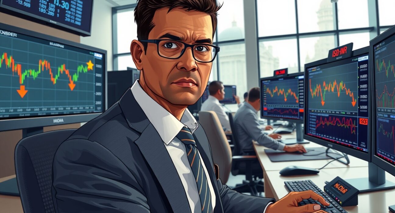 Trader monitors USD/INR exchange rate correction after RBI limits bank foreign exposure in Mumbai trading desk