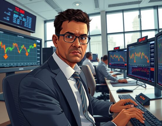 Trader monitors USD/INR exchange rate correction after RBI limits bank foreign exposure in Mumbai trading desk