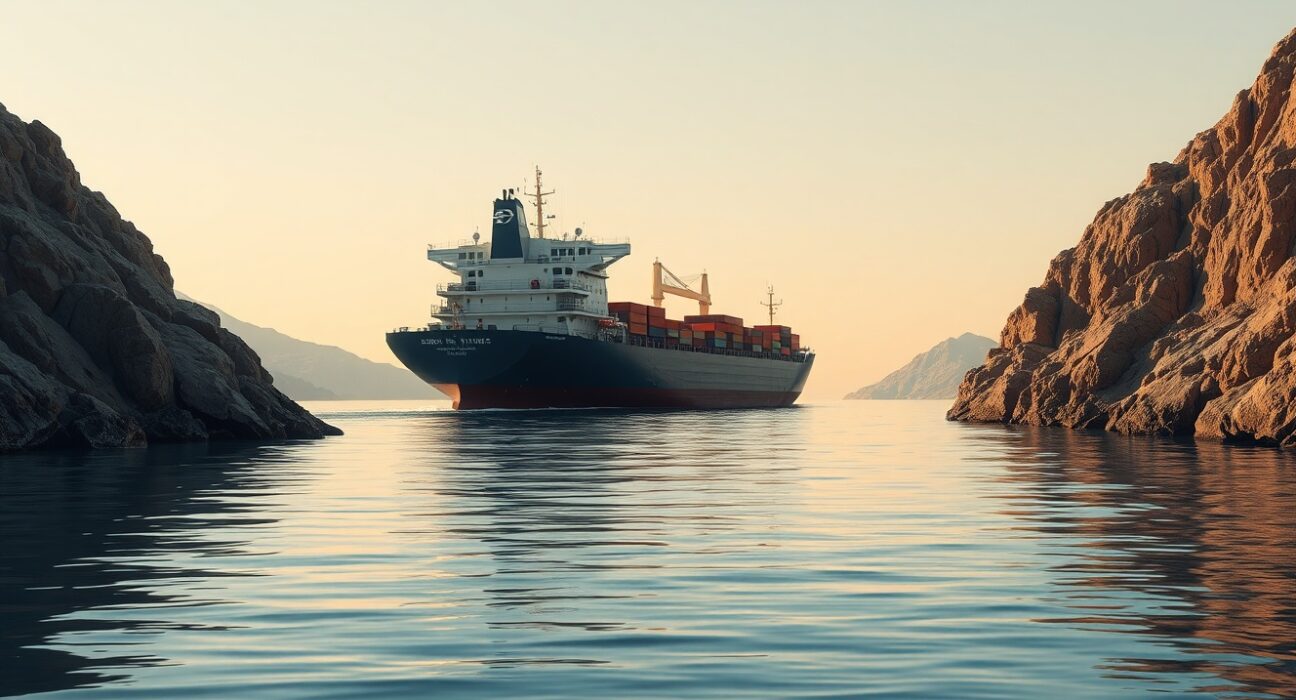 Cargo ship transiting the Strait of Hormuz as USD/INR exchange rate reacts to geopolitical developments.