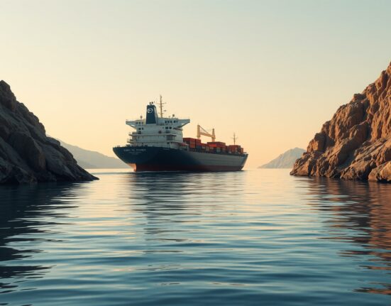 Cargo ship transiting the Strait of Hormuz as USD/INR exchange rate reacts to geopolitical developments.