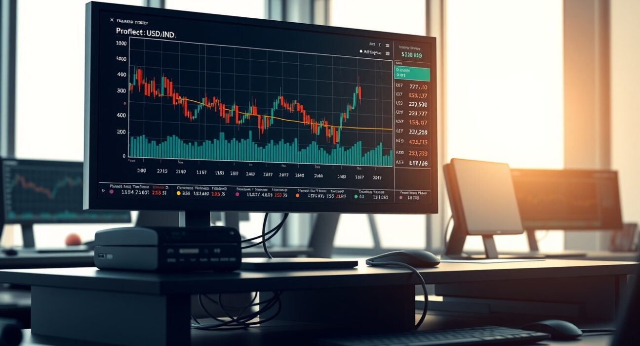 Forex trading desk showing USD/INR currency chart decline during US-Iran ceasefire news