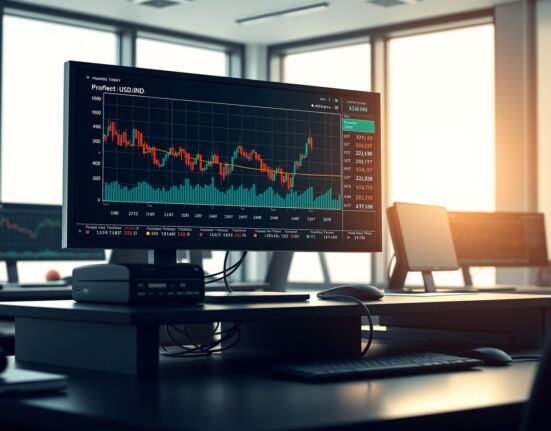 Forex trading desk showing USD/INR currency chart decline during US-Iran ceasefire news