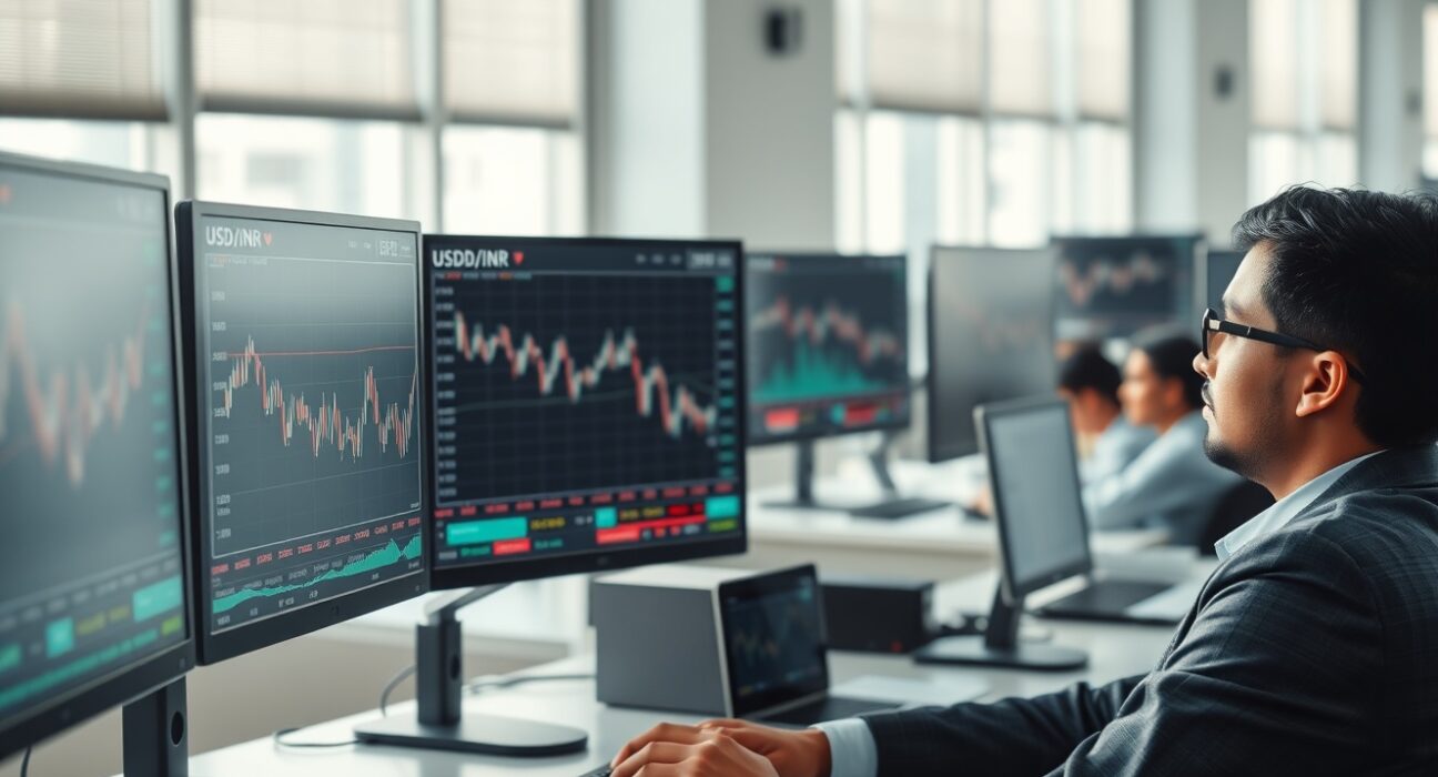 Forex trading desk monitoring USD/INR exchange rate ahead of US Non-Farm Payrolls data release