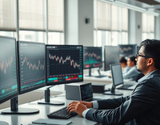 Forex trading desk monitoring USD/INR exchange rate ahead of US Non-Farm Payrolls data release