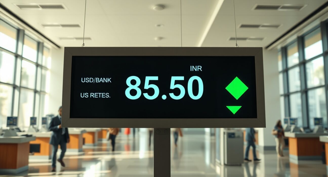 USD/INR exchange rate board showing decline in a bank lobby