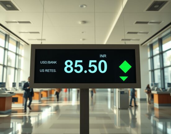 USD/INR exchange rate board showing decline in a bank lobby