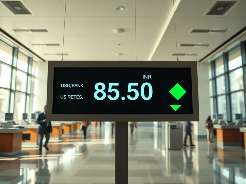 USD/INR exchange rate board showing decline in a bank lobby