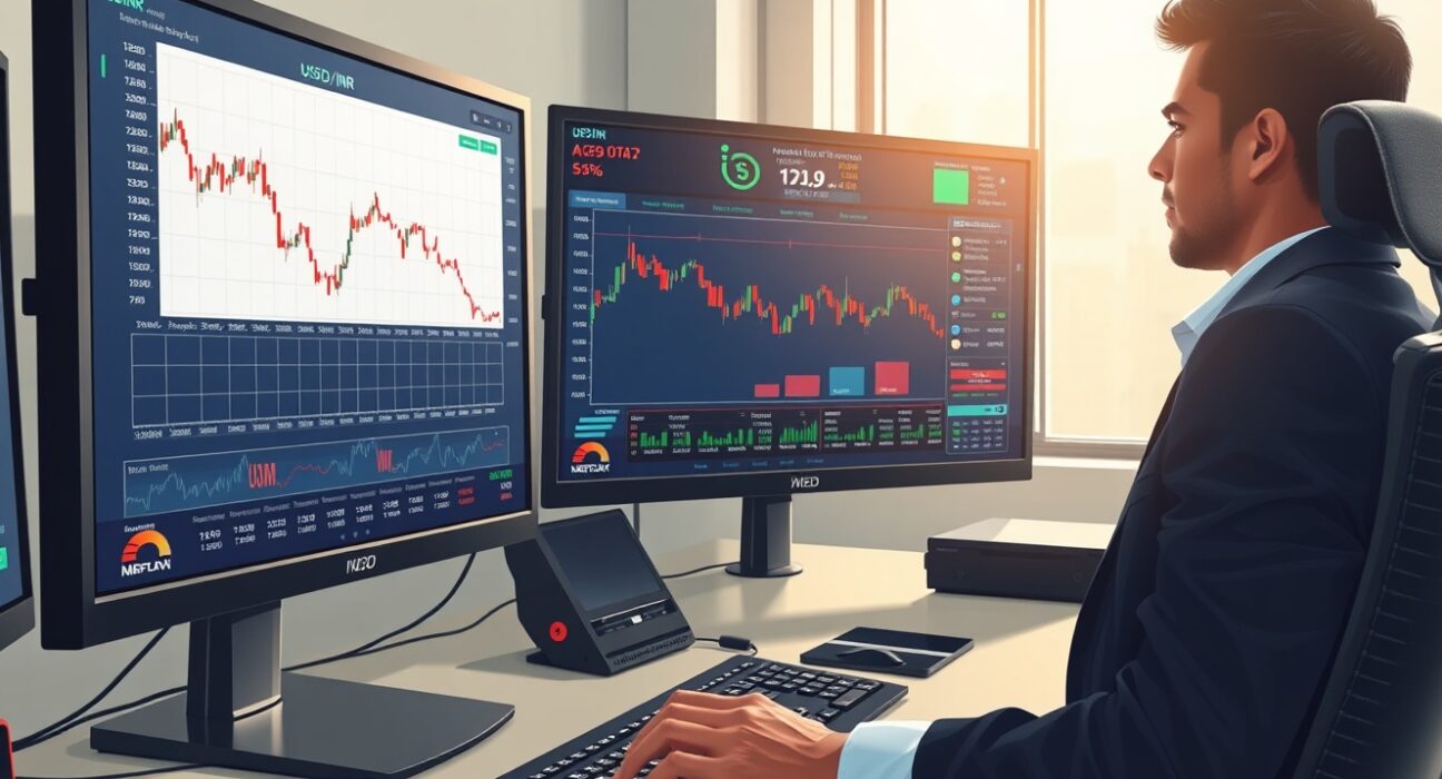 Trader analyzing USD/INR exchange rate decline following RBI dollar buying measures