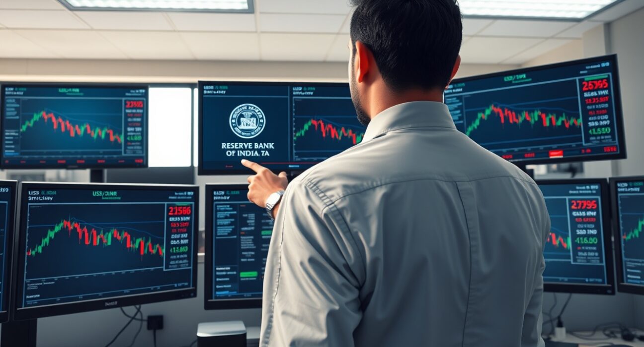 Forex analyst monitoring USD/INR decline following RBI monetary policy measures supporting Indian Rupee