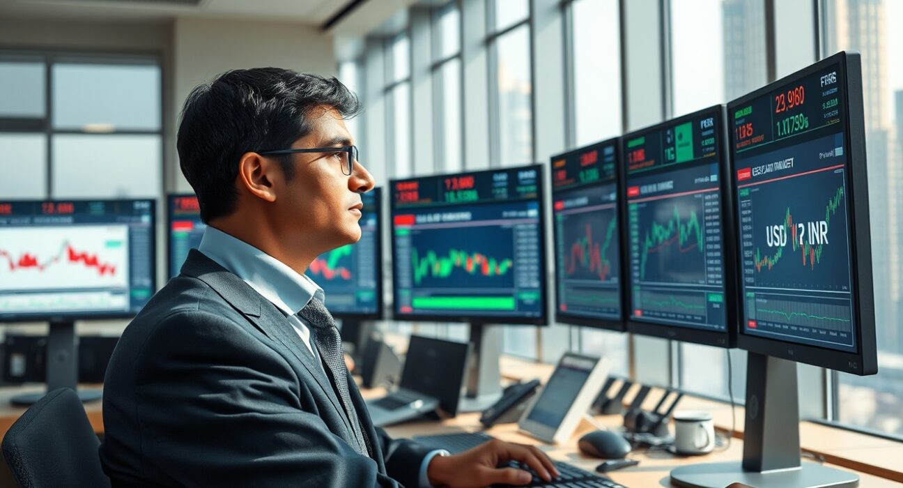 Financial analyst monitoring USD/INR exchange rate charts following RBI regulatory changes in Mumbai trading environment
