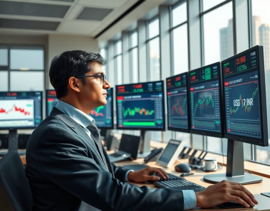 Financial analyst monitoring USD/INR exchange rate charts following RBI regulatory changes in Mumbai trading environment