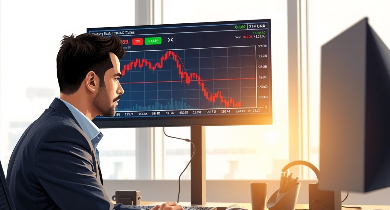 Trader monitoring USD/INR forex chart showing decline amid US-Iran diplomatic developments