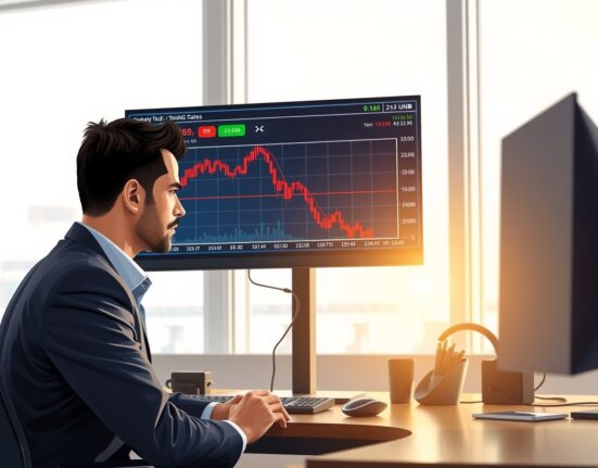 Trader monitoring USD/INR forex chart showing decline amid US-Iran diplomatic developments